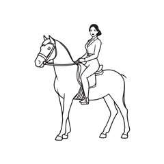 Fototapeta premium Black and white line art of a beautiful woman with perfect body riding horse elegant minimalist illustration