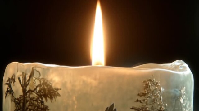 Wax candle burns, adorned with tree-like designs, smoke wafts into the dark background