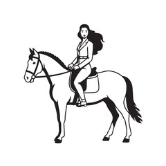 Black and white line art of a beautiful woman with perfect body riding horse elegant minimalist illustration
