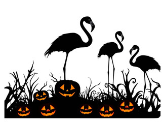 Creative New Silhouette Style Vector Design Showcasing the Unconventional Duo of Modern Flamingos and Spooky Pumpkins, Perfect for Offbeat Holiday Themes.