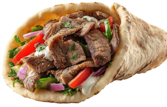 A gyro pita filled with seasoned grilled meat, vegetables, and sauce