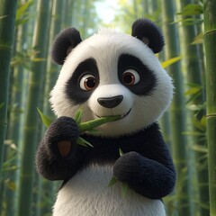 Panda in bamboo forest. 3D animation style cute cartoon panda eating bamboo.