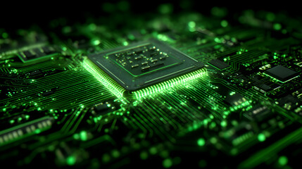 Fototapeta premium high tech energy circuit board glowing in green with digital streams of sustainable power futuristic interface style