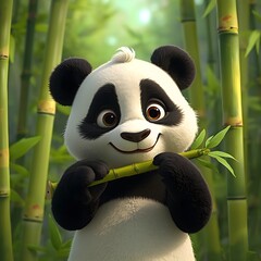 Panda in bamboo forest. 3D animation style cute cartoon panda eating bamboo.