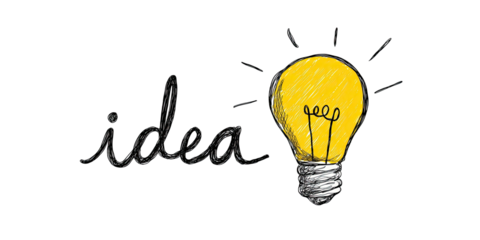Hand-drawn lightbulb with word "idea