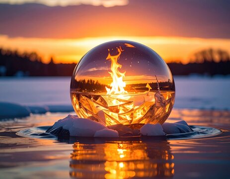 Glass Sphere Reflecting Campfire Sunset on Frozen Winter Landscape.