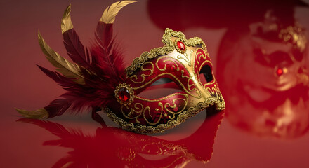 Elegant Venetian masquerade mask with feathers and gold accents, reflecting on a red surface.