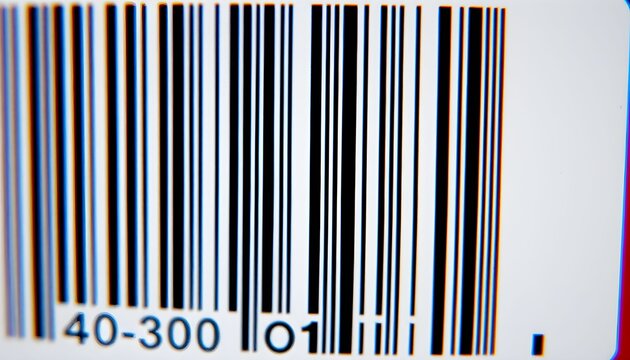 Close-up view of a barcode, showing black and white vertical lines, and numbers.