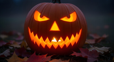 A carved Halloween pumpkin with a glowing, menacing face sits on a bed of fallen autumn leaves in the dark.