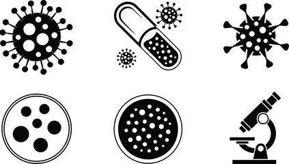 Microbiology icons set, virus symbols, petri dish, microscope, medication graphics, black vector illustration, lab science, pathogen, research tools