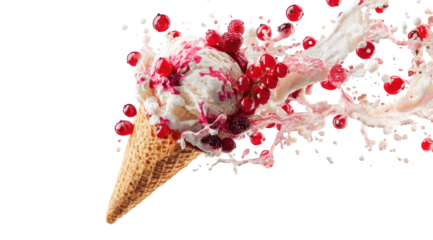 Ice cream cone with splashes of red berries