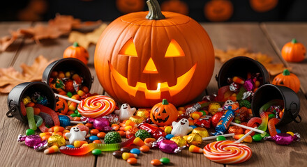 A carved Halloween pumpkin with a lit face sits on a wooden surface surrounded by spilled candy from black buckets, with autumn leaves scattered in the background.