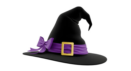 A black witch's hat with purple band and bow, gold buckle, isolated on white background.