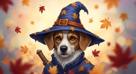 A charming dog dressed as a wizard in a blue hat and robe, surrounded by falling autumn maple leaves.