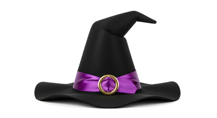 A black witch hat with a purple ribbon and gold buckle, isolated on a white background.