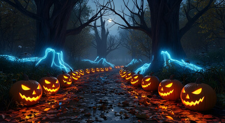 A spooky, illuminated pathway through a dark forest, lined with carved jack-o'-lanterns.