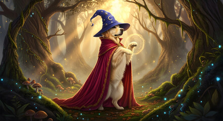 A golden retriever dog dressed as a wizard, wearing a pointed hat and cape, casts a spell in a mystical forest with glowing lights.