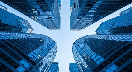 Lowangle view looking up at modern skyscrapers with glass facades reflecting the sky, creating a symmetrical, architectural pattern symbolizing urban growth and business