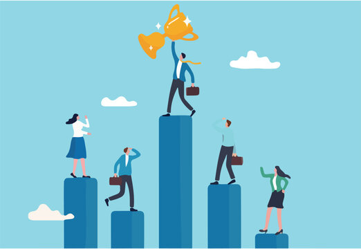 Business competition, performance comparison chart between company profit or employee, winner and loser in contest, achievement concept, business people compete on performance graph with one winner.