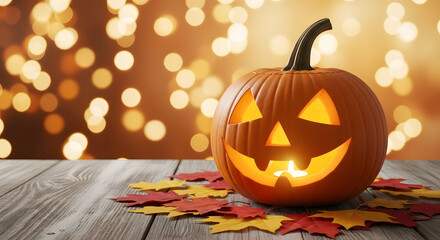 A glowing Jack-o'-lantern pumpkin on a wooden table with autumn leaves and a festive bokeh background.