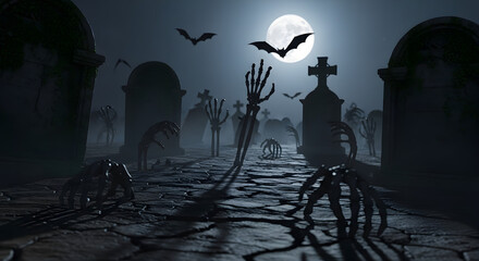 A spooky graveyard scene at night with tombstones, skeletal hands reaching up, bats flying, and a full moon illuminating the eerie landscape.