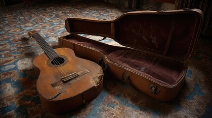 Obraz premium Old Acoustic Guitar Resting Beside Vintage Brown Case on Distressed Floor