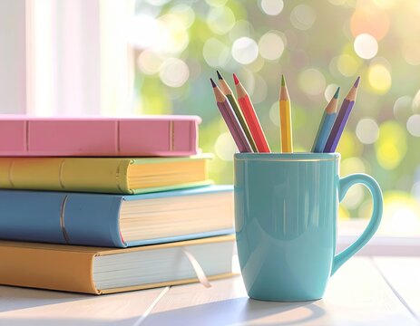 Stack of colorful books and pencils in a mug by the window.