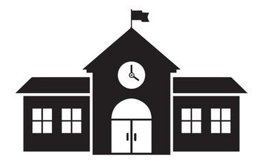 Silhouette of a school building with clock and flag isolated on white background