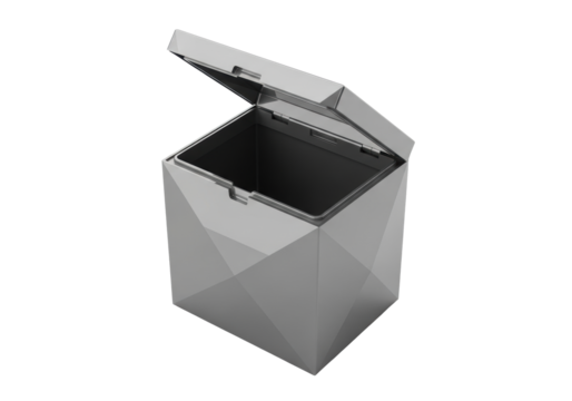 Polished charcoal gray high-tech storage container with sharp faceted sides, empty, lid retracted, on transparent studio background with negative space, concept of modern design
