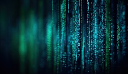 Intricate vertical streams of turquoise and emerald green digital code cascade against a dark backdrop, creating a mesmerizing visual representation of data flow.