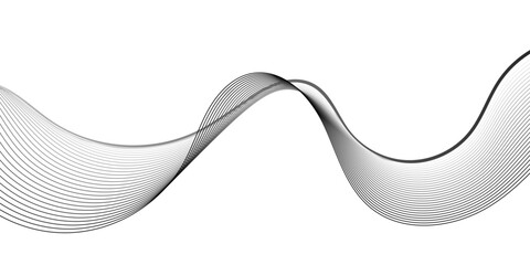 Abstract wave design with evenly spaced black lines creating fluid curves over a white canvas. The dynamic composition resembles vibration, frequency, or soundwave energy, blending simplicity