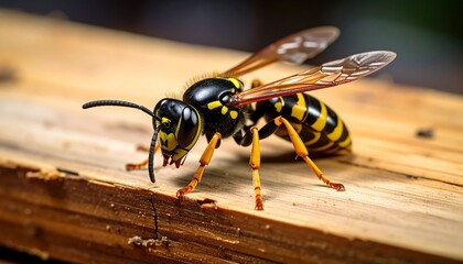 Close-up of a wasp on wood