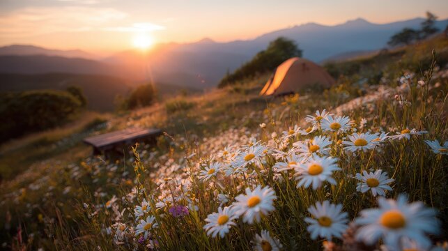 A serene sunset scene featuring a tent surrounded by blooming daisies on a hillside, capturing the beauty of nature and outdoor adventure. - Powered by Adobe