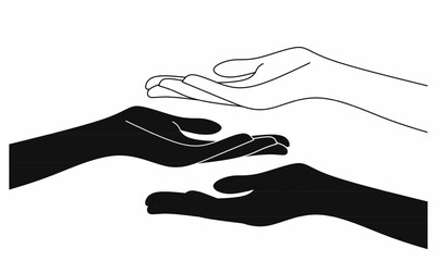 Vector hand illustration in outline and silhouette style showing asking gesture. Symbol of request, need, beg, plea, hope, support, charity, and human emotion.