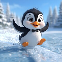 Penguin on ice. 3D animation style cute cartoon penguin sliding happily on snow.