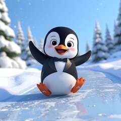 Penguin on ice. 3D animation style cute cartoon penguin sliding happily on snow.