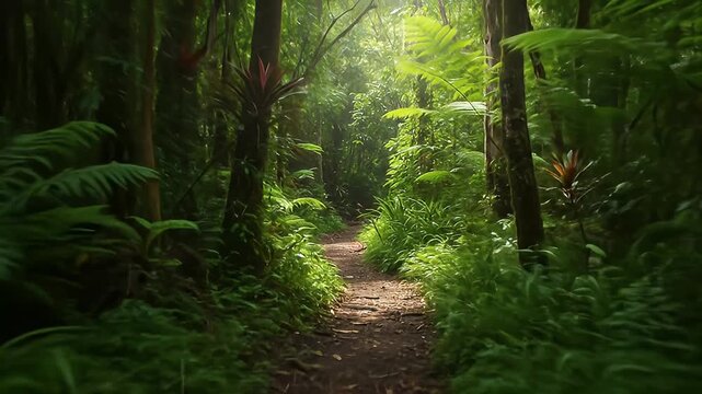 Lush tropical forest trail with ferns and vibrant flora, path bathed in sunbeams
