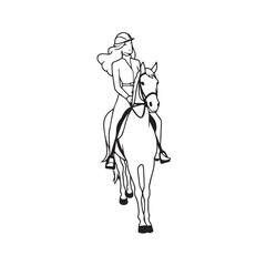 Black and white line art of a beautiful woman with perfect body riding horse elegant minimalist illustration