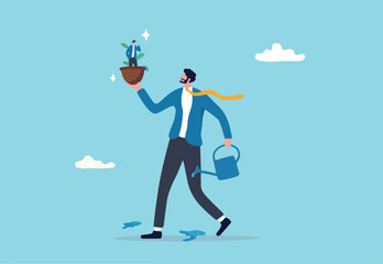 Career growth development, human resources motivate talent for job promotion, growing employee, improvement or manager support concept, businessman manager pouring water to growing employee seedling.