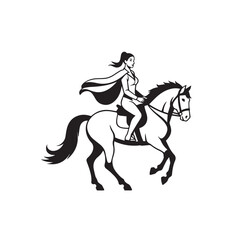 Black and white line art of a beautiful woman with perfect body riding horse elegant minimalist illustration