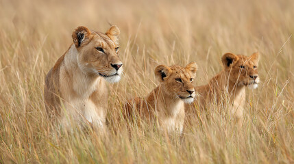 Naklejka premium Lioness teaching her cubs how to expertly blend in the grassland (3)
