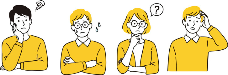 Four Cartoon Figures Expressing Worry, Doubt, and Confusion with Outlines.