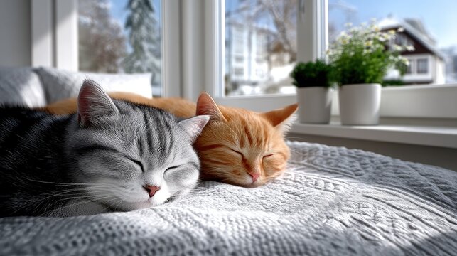 Two Cats Sleeping Peacefully on a Gray Blanket Near a Window Overlooking a Snowy Landscape and a House with Natural Lighting