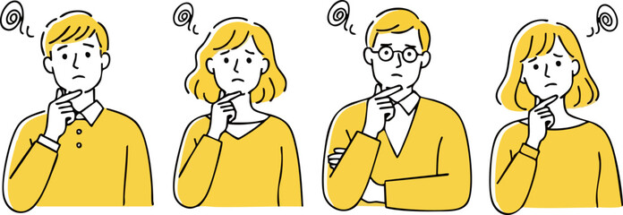 Naklejka premium Four confused cartoon people pondering, hands on chins, wearing yellow, with spiral thought symbols.