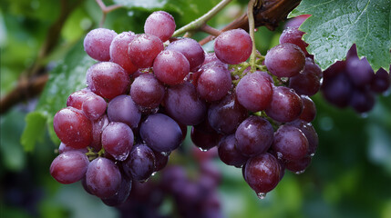 Vibrant cluster of purple grapes hangs from a vine, glistening with morning dew. Ideal for stock imagery of fresh fruit, harvest, vineyard scenes, and healthy eating.