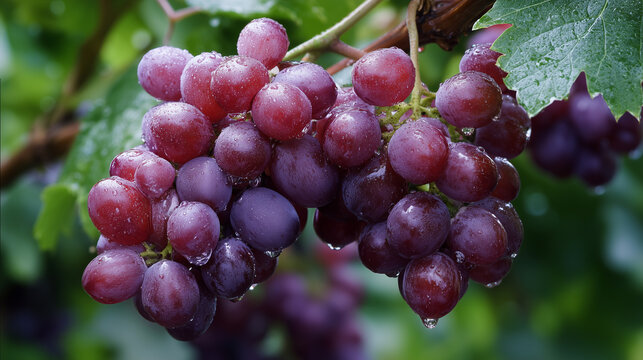 Vibrant cluster of purple grapes hangs from a vine, glistening with morning dew. Ideal for stock imagery of fresh fruit, harvest, vineyard scenes, and healthy eating.
