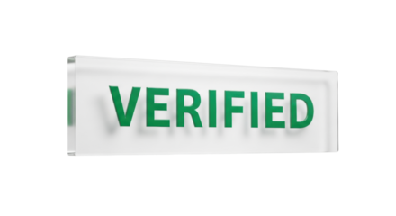 A sleek, frosted transparent glass banner with bold emerald green 'VERIFIED' text on a transparent background with copy space, symbolizing digital trust and authenticity