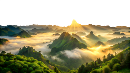 Breathtaking mountain landscape at sunrise isolated on transparent background, with mistcovered peaks and lush green forests bathed in warm sunlight