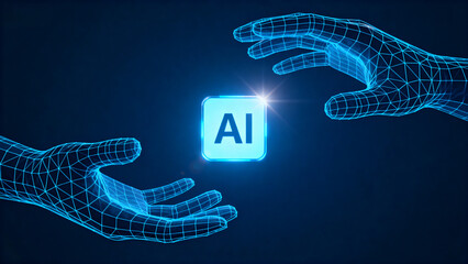 On a dark blue background, the polygon hand holds the luminescent atomic model (the center has AI...