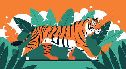 Vector Illustration of Tiger with Tropical Leaves Modern Style Illustration Orange and Green Colors